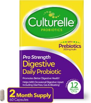 Culturelle Pro Strength Daily Probiotics For Digestive Health (2 Month Supply) with Prebiotics for Women & Men, Supports Occasional Diarrhea, Gas & Bloating, Gluten & Soy Free, 60 Count Culturelle Pro Strength Daily Probiotics For Digestive Health (2 Month Supply) with Prebiotics for Women & Men, Supports Occasional Diarrhea, Gas & Bloating, Gluten & Soy Free, 60 Count