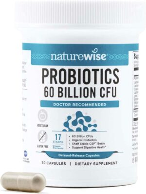 NatureWise Probiotics 60 Billion CFU – 17 Strains + Organic Prebiotics – Immune, Digestive & Gut Health Support for Women & Men – Vegetarian, Gluten-Free, Non-GMO – 30 Capsules[1-Month Supply]