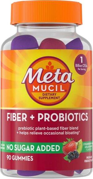 Metamucil Fiber Supplement Gummies with Probiotics for Bloating Relief, No Sugar Added Strawberry Kiwi BlackBerry Flavors, 5g Prebiotic Plant Based Fiber Blend, 90 Count Metamucil Fiber Supplement Gummies with Probiotics for Bloating Relief, No Sugar Added Strawberry Kiwi BlackBerry Flavors, 5g Prebiotic Plant Based Fiber Blend, 90 Count