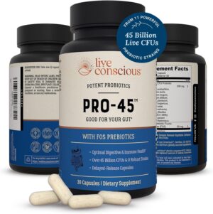 Live Conscious PRO45 Probiotics for Women & Men: Comprehensive Formula, 45 Billion CFU, 11 Strains, Dairy Free – w/Prebiotics and Probiotics – Promotes Immune & Gut Health – 30 Veggie Caps Live Conscious PRO45 Probiotics for Women & Men: Comprehensive Formula, 45 Billion CFU, 11 Strains, Dairy Free – w/Prebiotics and Probiotics – Promotes Immune & Gut Health – 30 Veggie Caps