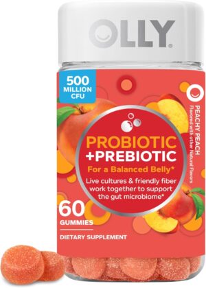 OLLY Probiotic + Prebiotic Gummy, Digestive Support and Gut Health, 500 Million CFUs, Fiber, Adult Chewable Supplement for Men and Women, Peach, 60 Day Supply – 60 Count