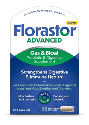 Florastor Advanced Gas and Bloat Probiotic, Digestive Enzymes and Botanicals, Plus Probiotics for Digestive Health, 30 Capsules