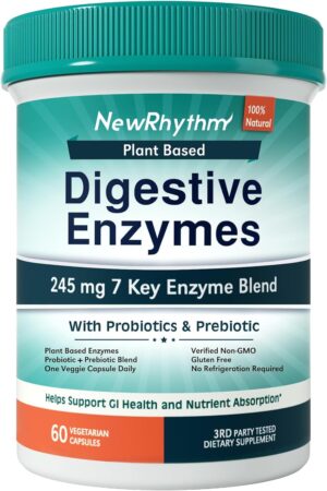 NewRhythm Digestive Enzymes 245 mg, with Probiotics and Prebiotics, Plant Based, 7 Key Enzymes, Digestion, Nutrient Absorption, Protease Amylase & Lipase, 60 Vegan Capsules NewRhythm Digestive Enzymes 245 mg, with Probiotics and Prebiotics, Plant Based, 7 Key Enzymes, Digestion, Nutrient Absorption, Protease Amylase & Lipase, 60 Vegan Capsules