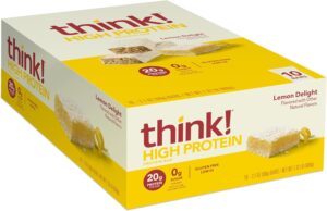 think! Protein Bars, High Protein Snacks, Gluten Free, Kosher Friendly, Lemon Delight, Nutrition Bars, 2.1 Oz per Bar, 10 Count (Packaging May Vary) think! Protein Bars, High Protein Snacks, Gluten Free, Kosher Friendly, Lemon Delight, Nutrition Bars, 2.1 Oz per Bar, 10 Count (Packaging May Vary)