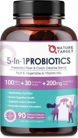NATURE TARGET Probiotics for Women-Men-Kids Digestive Health, Prebiotics and Probiotics for Women, 100 Billion for Gut and Immune Health, No Refrigeration, 90 Veggie Capsules (45 Days Supply) NATURE TARGET Probiotics for Women-Men-Kids Digestive Health, Prebiotics and Probiotics for Women, 100 Billion for Gut and Immune Health, No Refrigeration, 90 Veggie Capsules (45 Days Supply)