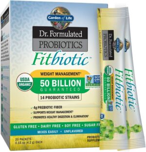 Garden of Life Dr. Formulated Probiotics Fitbiotic Weight Management Powder 50 Billion CFU & Fiber, Organic & Non-GMO Digestive Gut Health Supplement, 3 Oz, Pack of 20 Garden of Life Dr. Formulated Probiotics Fitbiotic Weight Management Powder 50 Billion CFU & Fiber, Organic & Non-GMO Digestive Gut Health Supplement, 3 Oz, Pack of 20