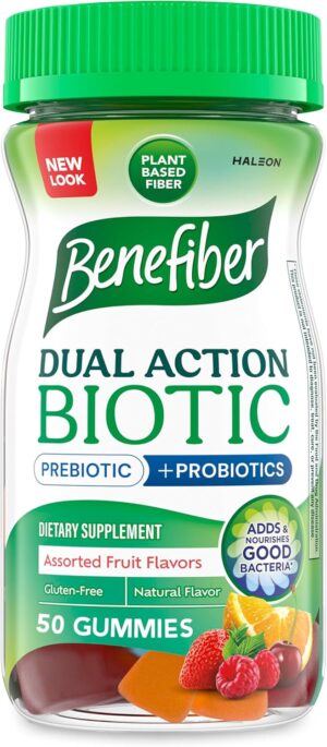 Benefiber Prebiotic Fiber Supplement Gummies with Probiotics for Digestive Health, Assorted Fruit Flavors – 50 Count