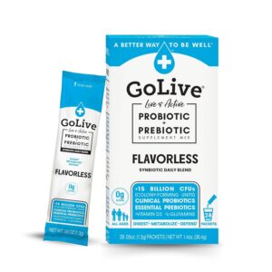 GoLive Prebiotic & Probiotic for Women, Men, Kids. Flavor-Free, Sugar-Free, Synbiotic Powder w/ GOS, L-Glutamine, Vitamin D3, Electrolytes. For Gut Health, Digestion, Metabolism, Immunity 15-50B CFUs. GoLive Prebiotic & Probiotic for Women, Men, Kids. Flavor-Free, Sugar-Free, Synbiotic Powder w/ GOS, L-Glutamine, Vitamin D3, Electrolytes. For Gut Health, Digestion, Metabolism, Immunity 15-50B CFUs.