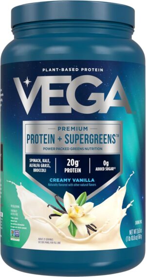 Vega Protein + Supergreens – 20g Plant-Based Protein, Vanilla, 25 Servings, Real Greens & Veggies, Vegan Keto, 0g Added Sugar, Non-GMO, Gluten Free, Dairy Free, 1.7lbs (Packaging May Vary)