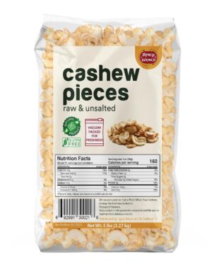 Spicy World Raw Cashew Pieces 80oz (5 LBS) – Natural Bulk Raw & Unsalted Cashews for Cooking, Baking & Topping, Gluten Free, Vegan, Keto, Paleo, Non-GMO in Vacuum Packed Bag