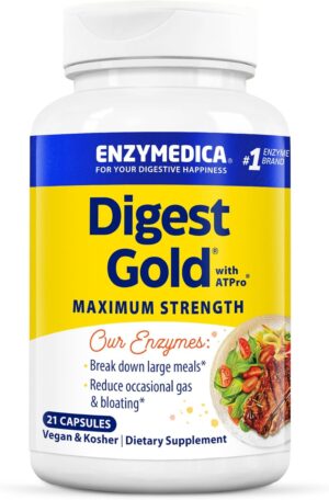 Enzymedica Digest Gold + ATPro, Maximum Strength Enzyme Formula, Prevents Bloating and Gas, 14 Key Enzymes Including Amylase, Protease, Lipase and Lactase, 21 Capsules Enzymedica Digest Gold + ATPro, Maximum Strength Enzyme Formula, Prevents Bloating and Gas, 14 Key Enzymes Including Amylase, Protease, Lipase and Lactase, 21 Capsules