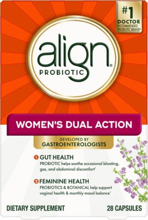 Align Probiotic, Women’s Dual Action, Probiotics for Women, Multi-Strain Probiotic with Chaste Tree, Supports Feminine Health, Soothes Occasional Abdominal Discomfort, 28 Capsules (Packaging May Vary)