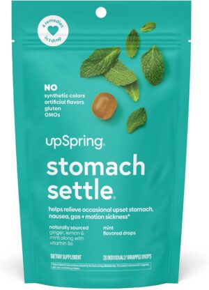 UpSpring Stomach Settle Drops for Occasional Nausea Relief/Upset Stomach with Ginger, Lemon, Spearmint, and B6. Mint Flavor Drops, 28 Ct(Packaging May Vary) UpSpring Stomach Settle Drops for Occasional Nausea Relief/Upset Stomach with Ginger, Lemon, Spearmint, and B6. Mint Flavor Drops, 28 Ct(Packaging May Vary)
