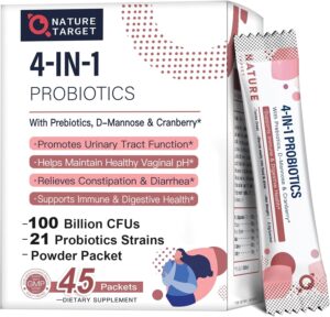 NATURE TARGET Probiotics-for-Women Prebiotics-and-Probiotics-Powder, 100-Billion-CFUs 45-Day-Supply, Women’s-Probiotic with D-Mannose and Cranberry for Urinary Tract/Gut/Digestive Health