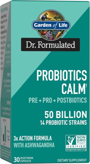 Garden of Life Dr Formulated Calm Daily 3-in-1 Complete Probiotics, Prebiotics & Postbiotics with Ashwagandha – PRE + PRO + POSTBIOTIC Supplement for Immune, Digestive & Mood Support – 30 Day Supply