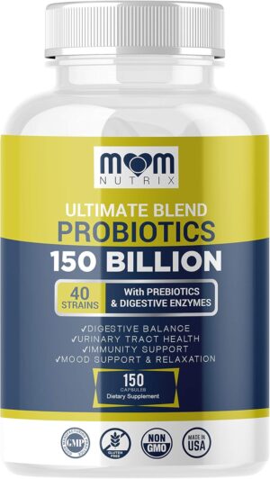 Probiotics 150 Billion CFU – 40 Strain Probiotics for Women, Probiotics for Men and Adults – Shelf Stable Probiotic with Organic Prebiotic – Acidophilus Probiotic – 150 Capsules – Made in USA Probiotics 150 Billion CFU – 40 Strain Probiotics for Women, Probiotics for Men and Adults – Shelf Stable Probiotic with Organic Prebiotic – Acidophilus Probiotic – 150 Capsules – Made in USA
