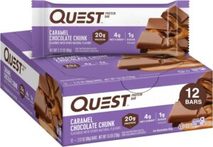 Quest Nutrition Caramel Chocolate Chunk Protein Bar, 20g Protein, 1g Sugar, 4g Net Carbs, Gluten Free, Keto Friendly, 12 Count Quest Nutrition Caramel Chocolate Chunk Protein Bar, 20g Protein, 1g Sugar, 4g Net Carbs, Gluten Free, Keto Friendly, 12 Count