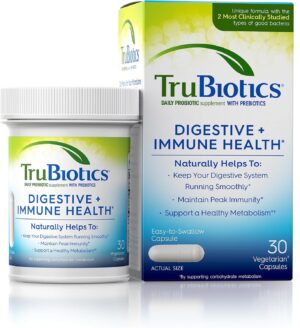 TruBiotics Probiotics for Digestive & Immune Health, Supports Regularity & Helps Relieve Abdominal Discomfort, Gas & Bloating, 2 Clinically Studied Probiotic Strains, Plus Prebiotics, 30 Capsules TruBiotics Probiotics for Digestive & Immune Health, Supports Regularity & Helps Relieve Abdominal Discomfort, Gas & Bloating, 2 Clinically Studied Probiotic Strains, Plus Prebiotics, 30 Capsules