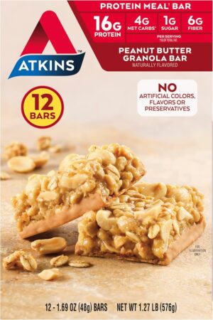 Atkins Peanut Butter Granola High Protein Bar, High Fiber , 16g Protein, 1g Sugar, 4g Net Carb, Keto Friendly, 12 Count Atkins Peanut Butter Granola High Protein Bar, High Fiber , 16g Protein, 1g Sugar, 4g Net Carb, Keto Friendly, 12 Count