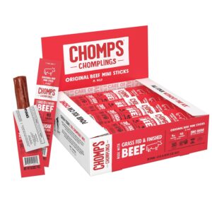 Chomps Snack Size Grass-Fed Original Beef Jerky Snack Sticks 0.5oz 24-Pack – Keto, Paleo, Whole30, 4g Lean Meat Protein, Gluten-Free, Zero Sugar Food, Non-GMO Chomplings