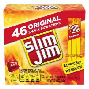 Slim Jim Smoked Meat Sticks, Original Flavor, 6g Protein Per Serving, Snack Size, 0.28 oz. (46 Count) Slim Jim Smoked Meat Sticks, Original Flavor, 6g Protein Per Serving, Snack Size, 0.28 oz. (46 Count)