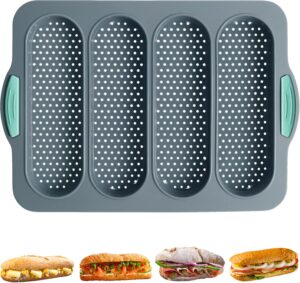 Baguette Bread Pan, Non-Stick Food Grade Silicone Bread Loaf Pan, 4 Cavity Perforated French Bread Baking Pan for Hoagie/Sub/Sandwich Rolls, Gray
