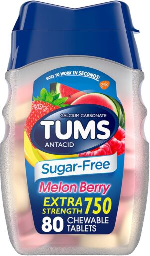 TUMS Extra Strength Chewable Sugar Free Antacid Tablets for Heartburn Relief, Melon Berry – 80 Count TUMS Extra Strength Chewable Sugar Free Antacid Tablets for Heartburn Relief, Melon Berry – 80 Count