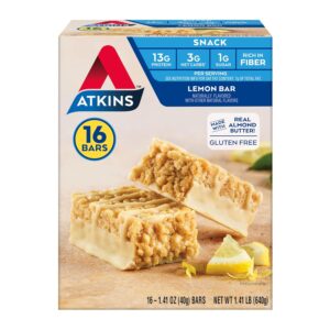 Atkins Snack Bar, Lemon Bar, 13g Protein, 3g Net Carbs, 1g Sugar, Made with Real Almond Butter, Gluten Free, High in Fiber, Keto Friendly, 16 Count
