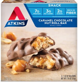 Atkins Caramel Chocolate Nut Roll Snack Bar, Protein Snack, High in Fiber, 2g Sugar, 5 Count Atkins Caramel Chocolate Nut Roll Snack Bar, Protein Snack, High in Fiber, 2g Sugar, 5 Count