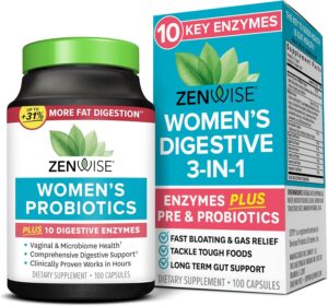 Zenwise Health Probiotics for Women – Digestive Enzymes for Bloating Relief, Vaginal Health, and Gut Flora Health, Daily Women Probiotic & Prebiotic Supplement for Digestive Health – 100 CT