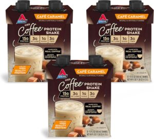 Atkins Café Caramel Iced Coffee Protein Shake, 15g Protein, Low Glycemic, 3g Net Carb, 1g Sugar, Keto Friendly, 12 Count Atkins Café Caramel Iced Coffee Protein Shake, 15g Protein, Low Glycemic, 3g Net Carb, 1g Sugar, Keto Friendly, 12 Count