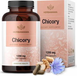HERBAMAMA Chicory Root Fiber Capsules – 1200mg Chicory Root Powder for Gut Cleanse & Digestive Support – Vegan, Non-GMO Inulin Prebiotic Fiber Supplement, 250 Caps