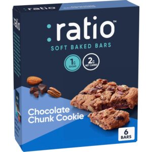 Ratio Soft Baked Bars, Chocolate Chunk Cookie, 1g Sugar, Keto Friendly, 5.34 oz (6 Bars) Ratio Soft Baked Bars, Chocolate Chunk Cookie, 1g Sugar, Keto Friendly, 5.34 oz (6 Bars)