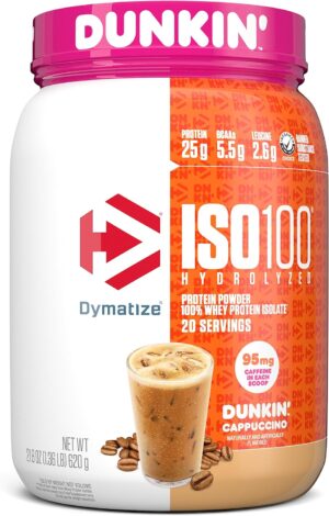 Dymatize x Dunkin’ Cappuccino ISO100 Whey Protein Powder, 95mg Caffeine, 25g of Protein, 20 Servings, 5.5g BCAAs, 120 Cal., Gluten Free, 1g Fat, 1g Sugar, 2g Carb Dymatize x Dunkin’ Cappuccino ISO100 Whey Protein Powder, 95mg Caffeine, 25g of Protein, 20 Servings, 5.5g BCAAs, 120 Cal., Gluten Free, 1g Fat, 1g Sugar, 2g Carb