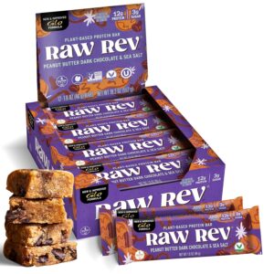 Raw Rev Vegan Protein Bars- Peanut Butter Dark Chocolate & Sea Salt, 12 bars, Non-GMO, Plastic-Neutral, Nothing Artificial, Glo Formula, Gluten-Free, Keto-Friendly, Paleo, Kosher, No Sugar Alcohols, No Stevia