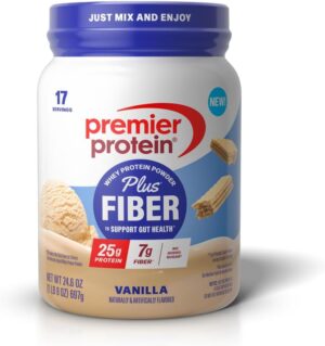 Premier Protein Powder Plus Fiber, 25g Protein, 7g Fiber, Vanilla, No Added Sugar,17 Servings