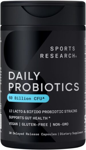 Sports Research Daily Probiotics with Prebiotics, 60 Billion CFU – Vegan Capsules for Gut Health & Digestive Support, Probiotics for Women & Men – Non-GMO Verified & Gluten Free – 30 Count Sports Research Daily Probiotics with Prebiotics, 60 Billion CFU – Vegan Capsules for Gut Health & Digestive Support, Probiotics for Women & Men – Non-GMO Verified & Gluten Free – 30 Count