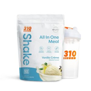 310 Nutrition – All-In-One Meal Replacement Shake with Shaker Cup – New Formula with Fiber Rich Vegan Superfood Blend – Natural Sweeteners – Low Carb Shake, Keto & Paleo Friendly – Gluten Free – 26 Essential Vitamins & Minerals -Vanilla Creme – 28 Servings