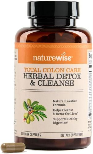 Naturewise Total Colon Care Herbal Cleanse – With Prebiotics, Botanicals, & Antioxidants – for Regular Bowel Movement, Digestion, Gut Health – Vegan, Gluten-Free, Non-GMO – 60 Capsules[2-Month Supply]