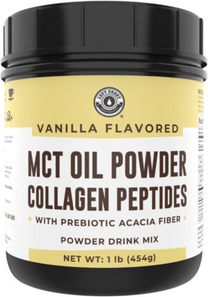 Keto MCT Oil Powder + Collagen + Prebiotic Acacia Fiber, Vanilla Flavor, 16oz. MCT Oil Powder from Coconuts. Grass Fed Collagen, Perfect for Keto, 0 Net Carb, Stevia, Erythritol, Powdered Drink