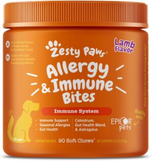 Zesty Paws Dog Allergy Relief- Dog Itching Skin Relief- Dog Probiotics for Itchy Skin and Itchy Ears- Dog Allergy Paw Relief- Dog Allergy Chews- Dog Itch Relief – Dog Skin Allergy Relief – Lamb – 90ct