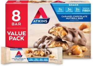 Atkins Caramel Chocolate Nut Roll Snack Bar, Protein Snack, High in Fiber, 2g Sugar, 8 Count Atkins Caramel Chocolate Nut Roll Snack Bar, Protein Snack, High in Fiber, 2g Sugar, 8 Count