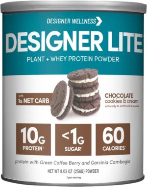 Designer Wellness, Designer Lite, Low Calorie Natural Protein, Prebiotic Fiber, Key Vitamins & Minerals,Chocolate Cookies & Cream, 9.03 Ounces