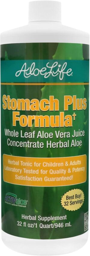 Aloe Life – Stomach Plus Formula, Fast-Acting Tonic for Children, Adults, & Seniors, Supports Healthy Digestion & Helps to Soothe Gas, Bloating, & Nausea, Aloe Vera Concentrate, Gluten-Free (32 oz)