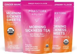 Pink Stork Morning Sickness Bundle with Organic Ginger Peach Tea and Sweets, Supports Morning Sickness for Pregnant Women, Digestion, and Motion Sickness, 1st Trimester Pregnancy Must Haves, Set of 3