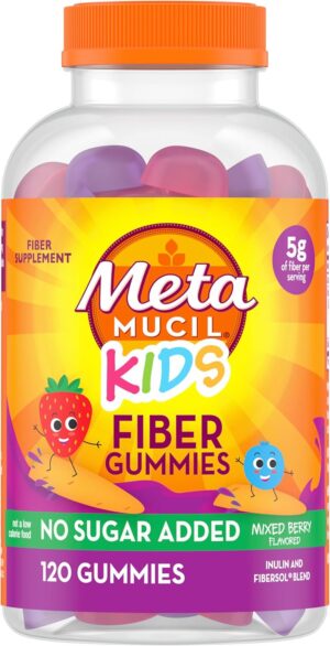 Metamucil Kids Fiber Gummies, No Sugar Added, 5g Prebiotic Plant-Based Fiber Supplement Blend, Mixed Berry Flavored, 120ct Gummies