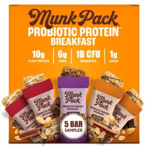 Munk Pack Probiotic Protein Breakfast Bars – 10g Plant Protein, 1g Sugar, 6g Fiber – For Adults & Kids, Low Sugar Snack, Gluten-Free, Diabetic-Friendly, Non-GMO, Sampler Pack- 5 Pack