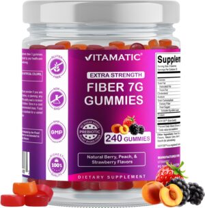 Vitamatic Prebiotic Fiber Gummies for Adults, 7G Extra Strength, Zero Sugar Added, 240 Pectin Based Gummies, Digestive Health & Regularity Support
