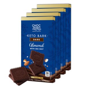 ChocZero Keto Bark, Dark Chocolate Almonds with Sea Salt, Sugar Free, Low Carb, No Sugar Alcohols, No Artificial Sweeteners, All Natural, Non-GMO, 3.2 Ounce (Pack of 4)