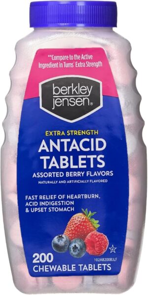 berkley jensen Extra Strength Antacid Tablets Chewable – 750mg Calcium Carbonate Antacids for Heartburn, Acid Indigestion, Upset Stomach Relief – Assorted Berry Flavor – 200 Count (Pack of 1)